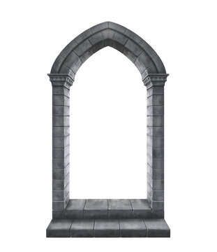 Gothic Arch. Medieval stone gate. Freehand digital drawing in Grey Scale.  