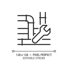 2D pixel perfect editable black pipe repair icon, isolated vector, thin line illustration representing plumbing.