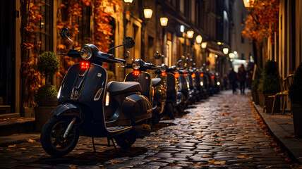 Fototapeta premium arafed scooter parked on a cobblestone street in a city Generative AI