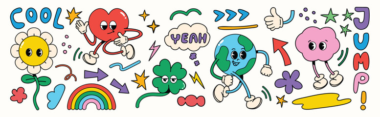 Set of 70s groovy element vector. Collection of cartoon characters, doodle smile face, world, rainbow, flower, heart, cloud, ginkgo leaf. Cute retro groovy hippie design for decorative, sticker, kids.