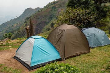 Camping tents at a campsite with a mountain view at a campsite at Morningside Campsite in Uluguru Mountains, Tanzania