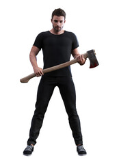 3D rendering of a killer with an axe, or a man with an axe or a hatchet.  For horror book covers or horror movie poster designs.