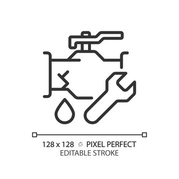 2D pixel perfect editable black pipeline leakage icon, isolated vector, thin line illustration representing plumbing.