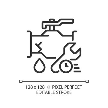 2D pixel perfect editable black pipe leakage with time and wrench icon, isolated vector, thin line illustration representing plumbing.