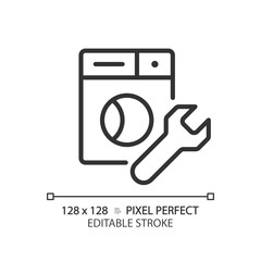 2D pixel perfect editable black washing machine repair icon, isolated vector, thin line illustration representing plumbing.