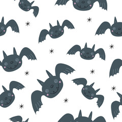 Happy Halloween cute vector seamless pattern with cartoon  bat