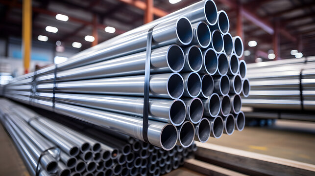 Aluminum and chrome stainless pipes in stack ready for shipment in warehouse