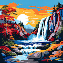 Pop Art Nature Waterfall. Generative AI.
A digital illustration of a natural waterfalls in the Pop Art style.