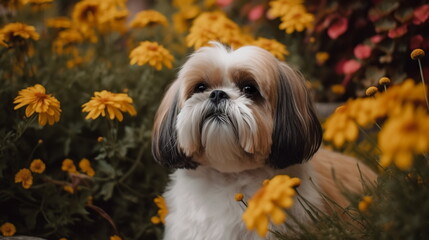 Shih tzu dog at flowers field