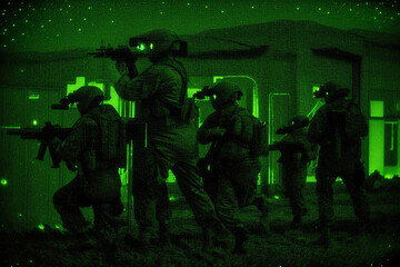 Night Vision Battlefield Soldiers in War (Virtual Stateless Reference Image) - obrazy, fototapety, plakaty