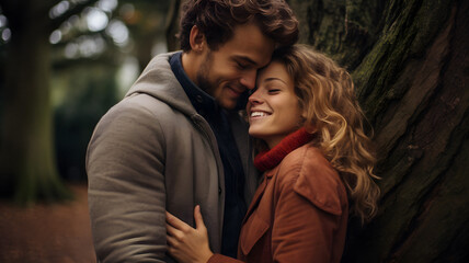 Obraz premium they are hugging each other in front of a tree Generative AI