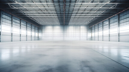 Concrete floor inside industrial building for large warehouse, factory, storehouse, hangar or plant. Modern interior with steel structure, industry background with empty space - obrazy, fototapety, plakaty