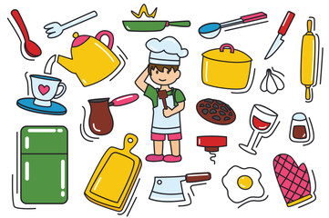 Kitchen colorful stickers in flat design. Showing kitchen-themed project with this delightful sticker set featuring cartoon design of kitchen essentials: plates, glasses, etc. Vector illustration.