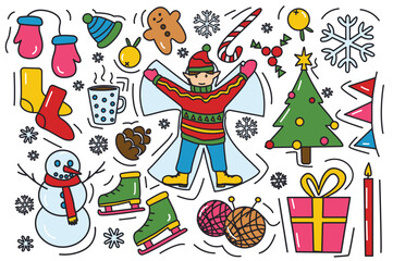 Winter colorful stickers in flat design. Creations with whimsical cartoon-style winter stickers, perfect for adding a touch of seasonal magic to artwork. Vector illustration.