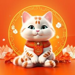 Modern banner cute happy cat see on Chinese sushi on bright orange background.