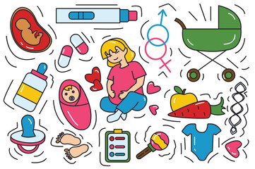 Pregnancy colorful stickers in flat design. Design with these delightful cartoon-style stickers, showcasing various pregnancy-related elements for a touch of sweetness. Vector illustration.