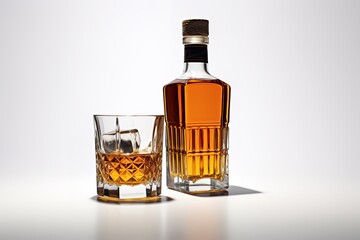 Whiskey bottle and Glass on white - obrazy, fototapety, plakaty