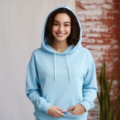 Fototapeta premium Illustration of a fashion portrait with plain hoodie mockup, AI Generated