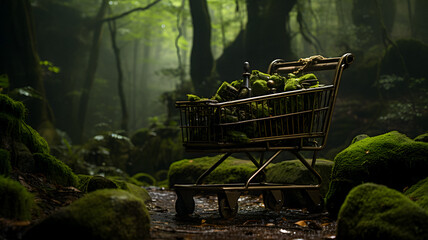 shopping cart full of green moss in the woods Generative AI