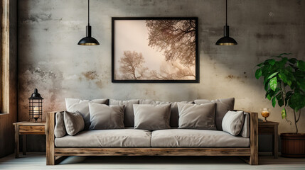 Boho Living Room with Grey Sofa and Beige Stucco Wall