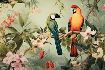 Illustration of two parrots on a branch