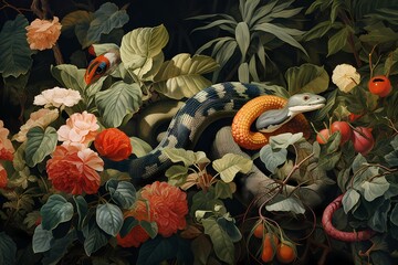 Illustration of snakes in a botanical scenery