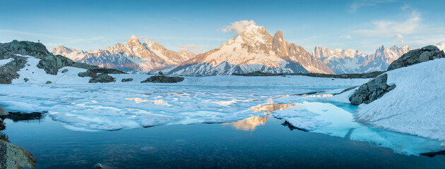 Colorful spring view of the Mont Blanc (Monte Bianco) on background, Chamonix location. Beautiful...