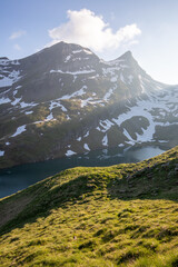 Panorama of Mt. Schreckhorn and Wetterhorn. Popular tourist attraction. Dramatic and picturesque scene. Place location Bachalpsee in the Swiss Alps Bernese Oberland, Grindelwald, Europe Flowing stream