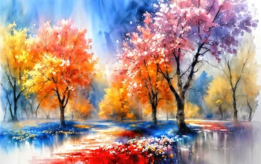 Fotobehang Watercolor landscape art with multicolored forest, surreal trees with colorful leaves, artistic vision of autumn. © Cobalt