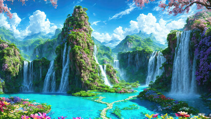 Paradise landscape with waterfalls and beautiful  tropical vegetation, magical idyllic background in eden. - obrazy, fototapety, plakaty
