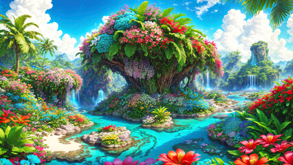 Fototapeta na wymiar Paradise garden full of flowers, beautiful idyllic background with many flowers in Eden.