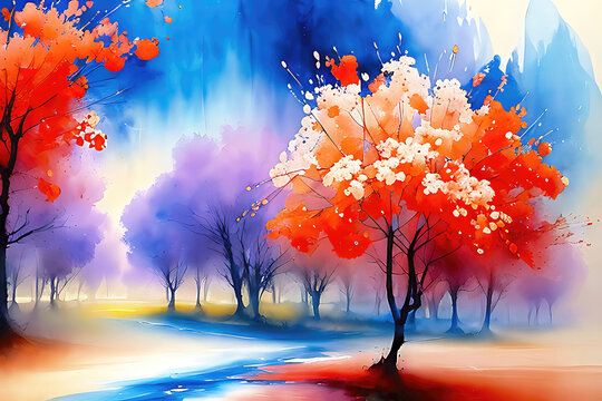 Watercolor landscape art with multicolored forest, surreal trees with colorful leaves, artistic vision of autumn.