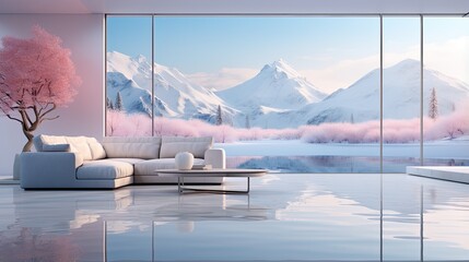 Serene Visions: A Modern White Living Room Merged with Surreal Mountain and Water Elements, Generative AI