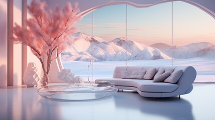 Serene Visions: A Modern White Living Room Merged with Surreal Mountain and Water Elements, Generative AI