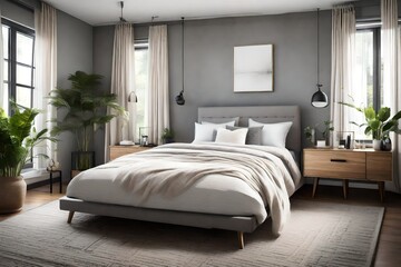 a serene bedroom with a platform bed, blackout curtains, and a soft, plush area rug.