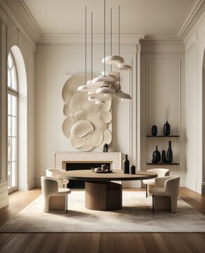 Monochrome interior of a dining room in modern contemporary scandinavian style, furniture design
