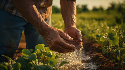 arafed man watering water on a field of crops Generative AI - obrazy, fototapety, plakaty