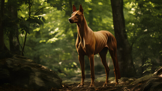 brown dog standing in the woods with trees Generative AI