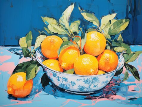 Wall art poster with Lemons in a white bowl on a blue background in abstract iimpressionism oil painting style