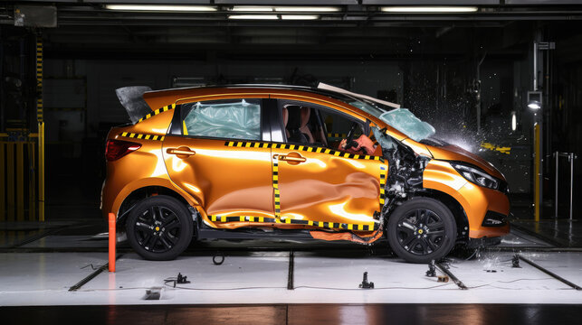 Small car in crash test impact collision to simulate damage