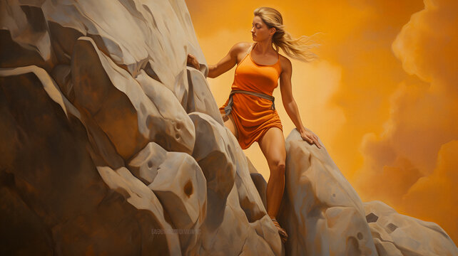 painting of a woman in an orange dress climbing a rock Generative AI