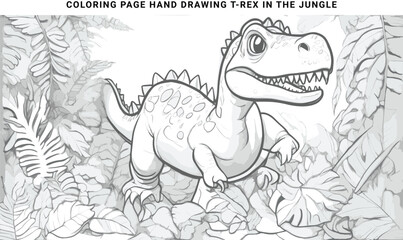coloring page hand drawing dinosaur t-rex in the jungle