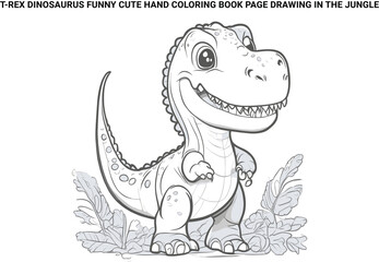 t-rex DINOSAURUS funny cute hand coloring book page drawing in the jungle