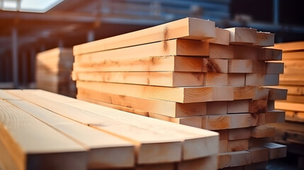 Timber wood board stack in a sawmill or Warehouse, sawing wooden board piles on a sawmill outdoors, construction material concept - obrazy, fototapety, plakaty