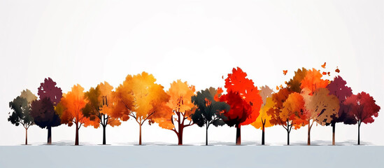 illustration of many different colorful autumn trees standing in a row on white background
