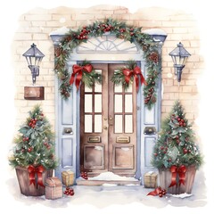Fototapeta premium Watercolor decorated Christmas house doors on white background Generative AI