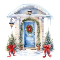 Fototapeta na wymiar Watercolor decorated Christmas house doors on white background Generative AI