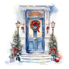 Fototapeta premium Watercolor decorated Christmas house doors on white background Generative AI