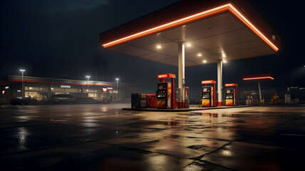 gas station with a gas pump and a car in the background Generative AI - obrazy, fototapety, plakaty