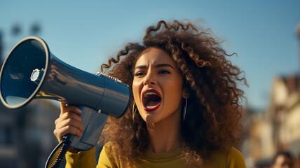 woman with curly hair shouting with a megaphone in her hand Generative AI - obrazy, fototapety, plakaty